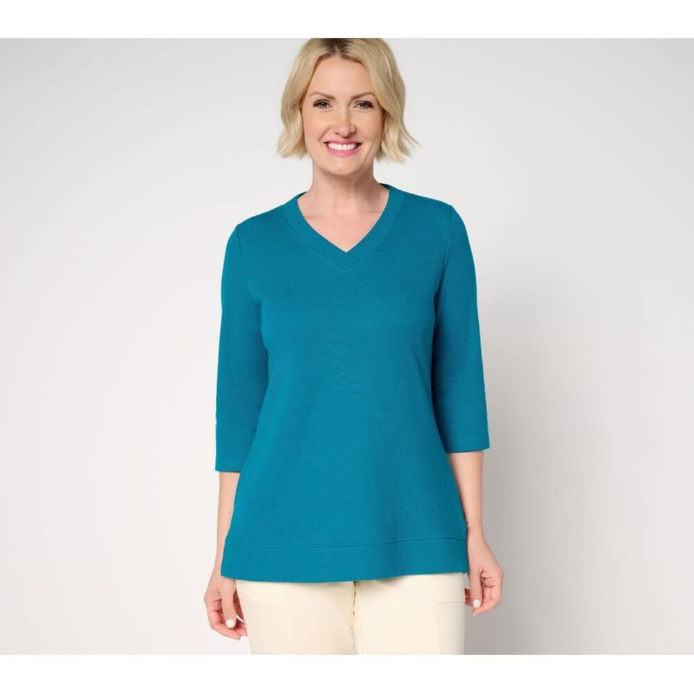 Denim & Co. Women's Top Sz XL Essentials Waffle Knit Sleeve V-Neck Blue
